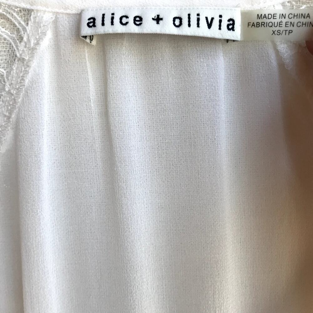 Alice + Olivia White Sheer Silk "Poets Blouse" with Lace, Bell Sleeves size XS - Picture 9 of 10